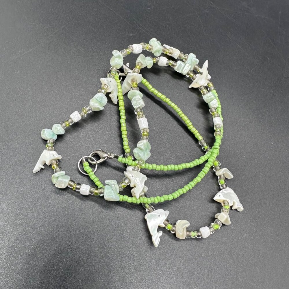 Beaded Necklace Bracelet Jewelry Set Carved Dolphins Green Nautical Beach